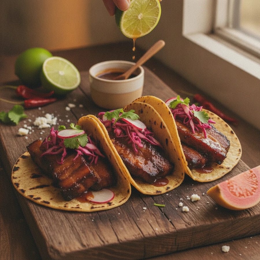 Smoky Guava BBQ Glazed Pork Belly Tacos