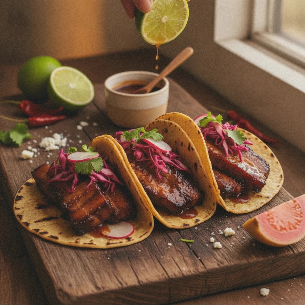 Smoky Guava BBQ Glazed Pork Belly Tacos
