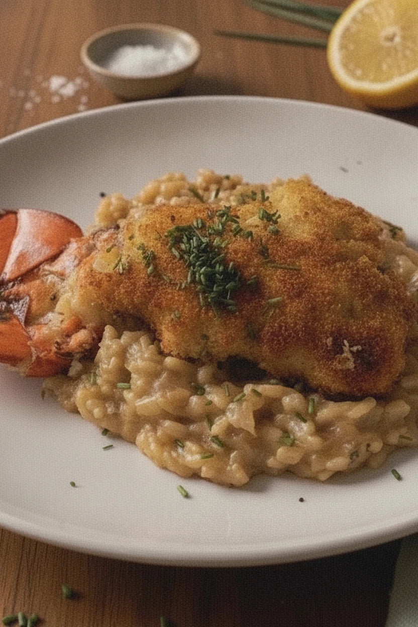 Golden panko-crusted lobster cutlet on creamy parmesan risotto with chives and a lobster claw, on a white plate