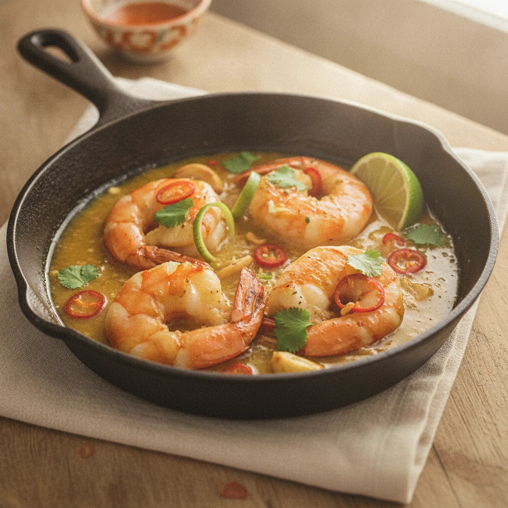 Miami mojo butter shrimp in a cast iron